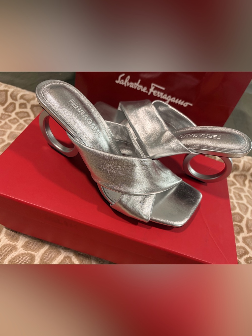Ferragamo Gancini Sculpted Heel Silver Leather Sandals Sz 38